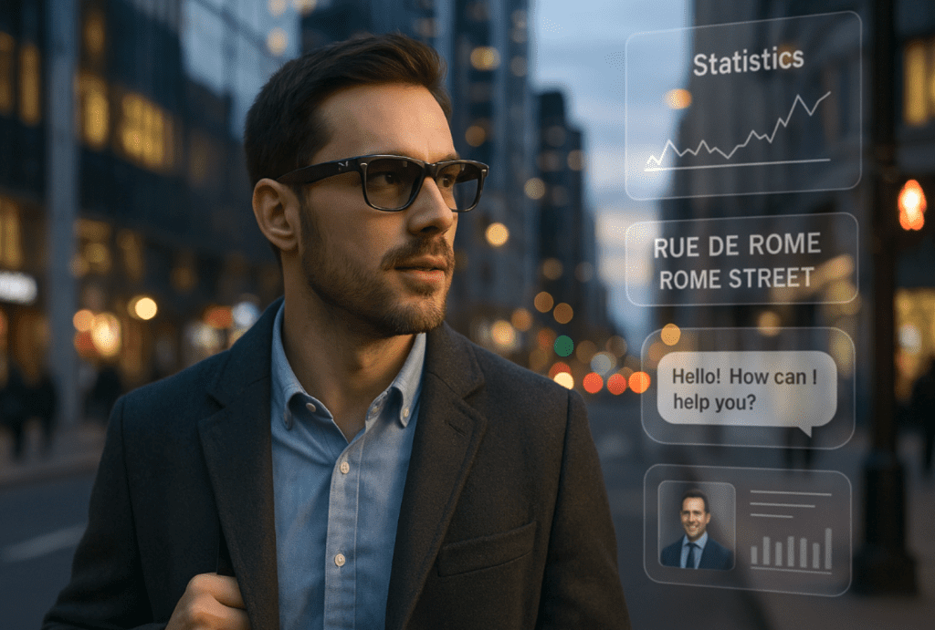 guy in smart glasses on a city street with small images on the right side of what he's seeing in his glasses